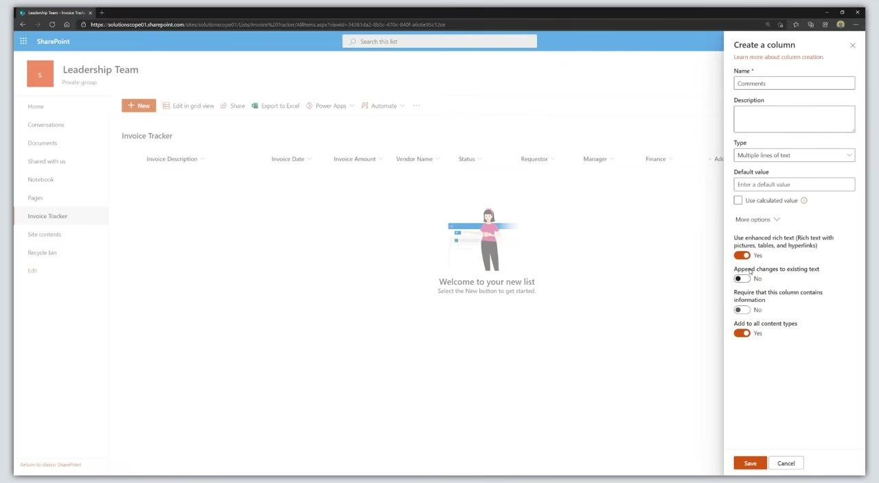 Create a column panel for Comments with enhanced rich text enabled, append changes to existing text set to No, and other options visible.