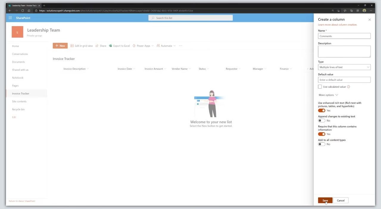 Create a column panel for Comments with Save button highlighted.