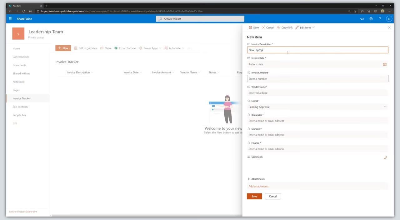 New item panel open with Invoice Description "New Laptop", Invoice Date "1/28/2021", Invoice Amount "2500", Vendor Name "Dell", Status "Pending Approval", and person fields ready for entry.