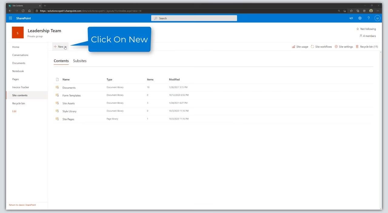The "Site contents" page with a blue callout pointing to the "+ New" button at the top, instructing you to click it.