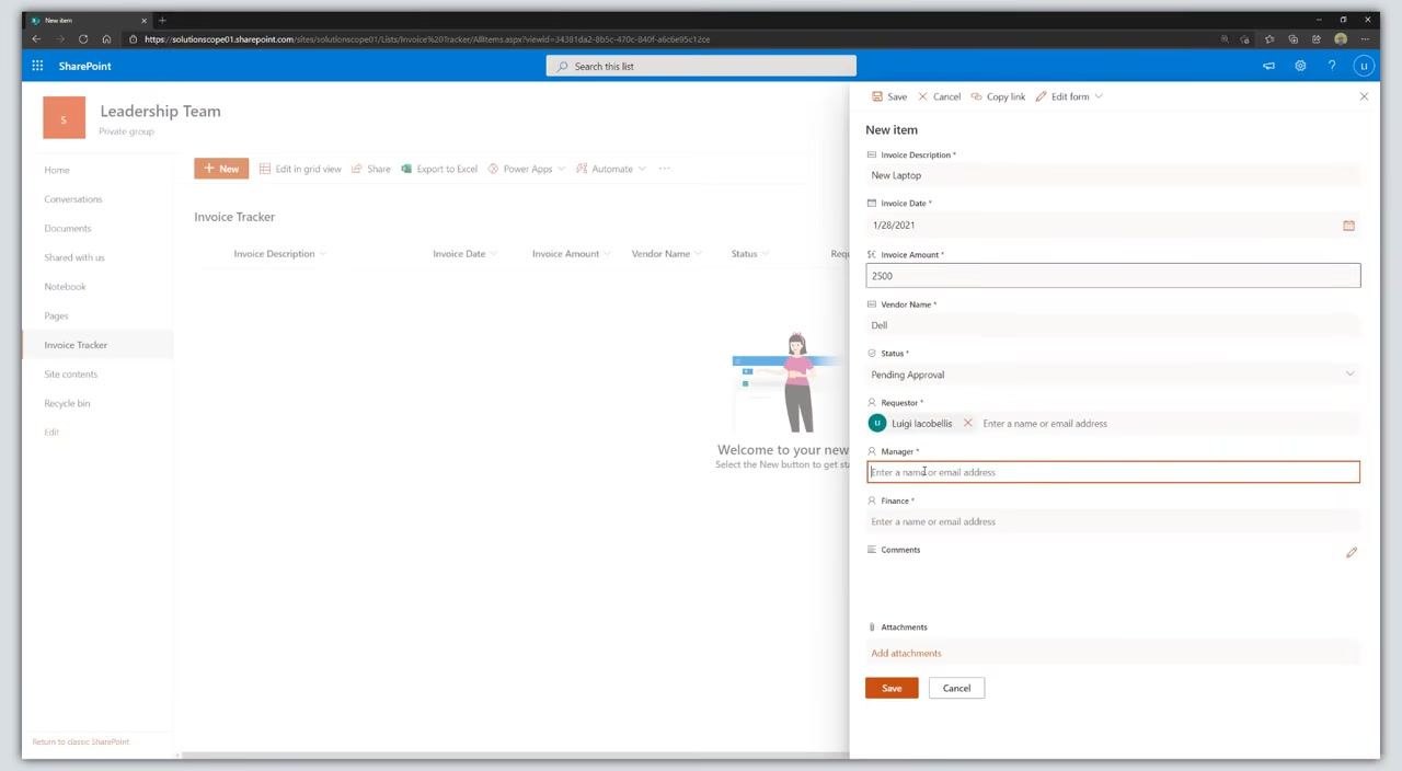 New item panel with Requestor, Manager, and Finance fields filled in with names or email addresses.