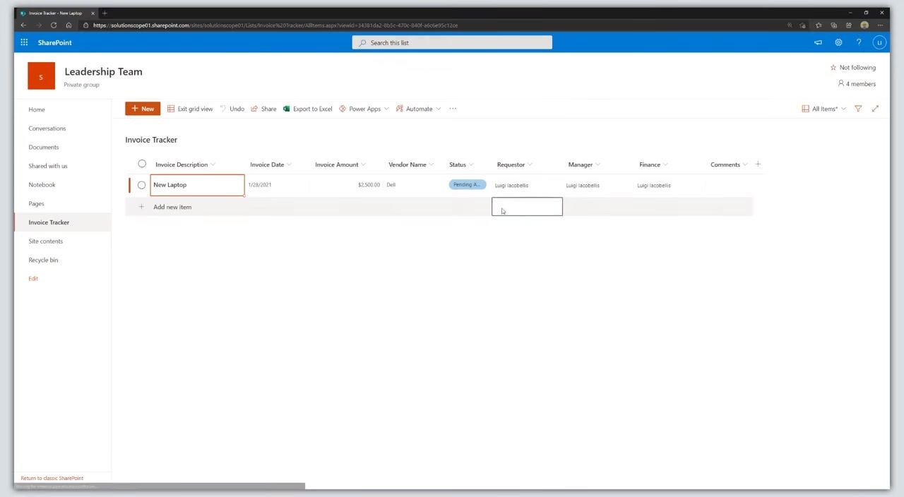 Invoice Tracker list in grid view with New Laptop entry, showing inline editable fields for Invoice Description, Date, Amount, Vendor, Status, Requestor, Manager, Finance, and Comments.