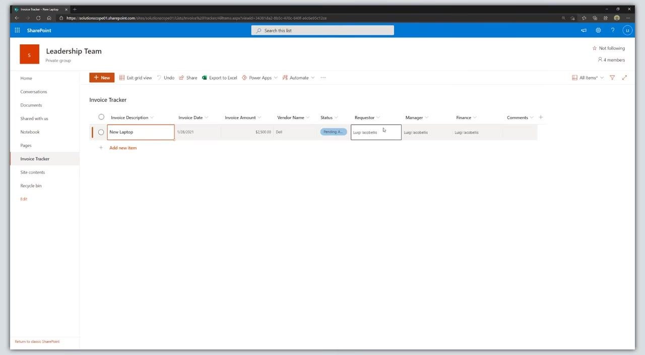 Invoice Tracker list showing completed entry for New Laptop with all relevant columns filled.