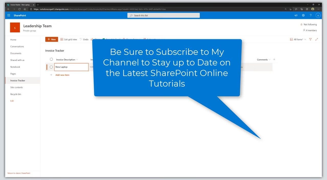 SharePoint Invoice Tracker list with a speech bubble overlay: "Be Sure to Subscribe to My Channel to Stay up to Date on the Latest SharePoint Online Tutorials".