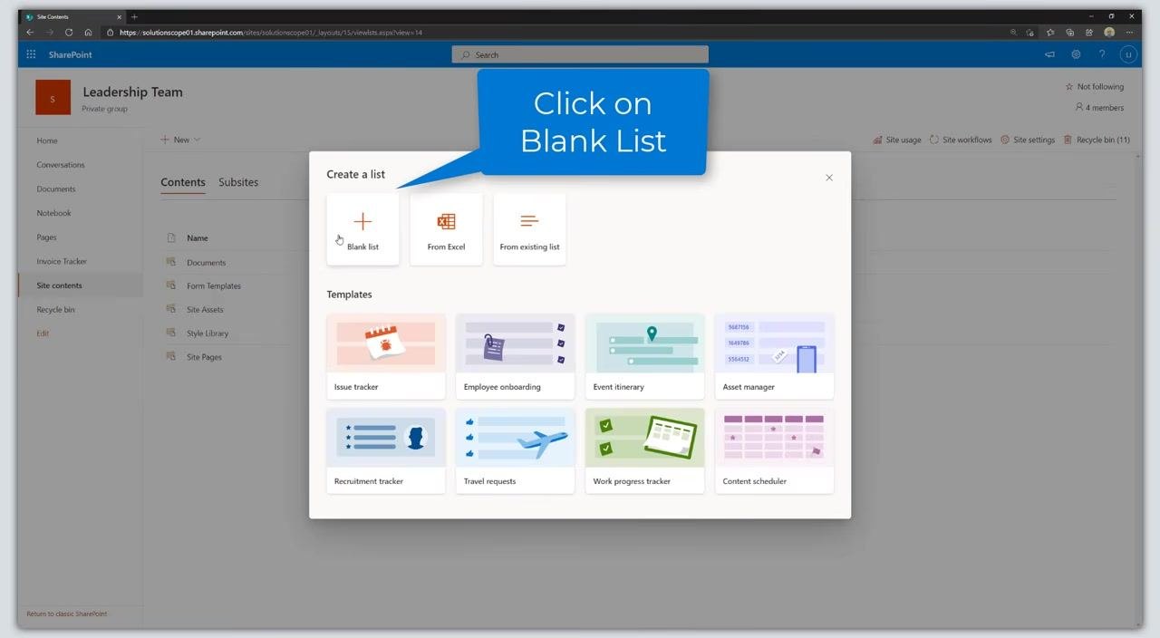 A dialog titled "Create a list" is open, showing options for "Blank list", "From Excel", and "From existing list". The "Blank list" option is highlighted. Various template options are also visible below.