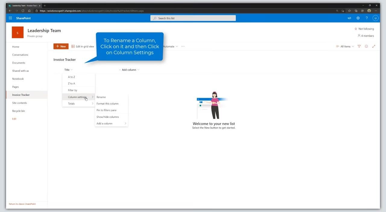 The "Invoice Tracker" list is open. The "Title" column dropdown is expanded, showing options including "Column settings". A blue callout explains how to rename a column.