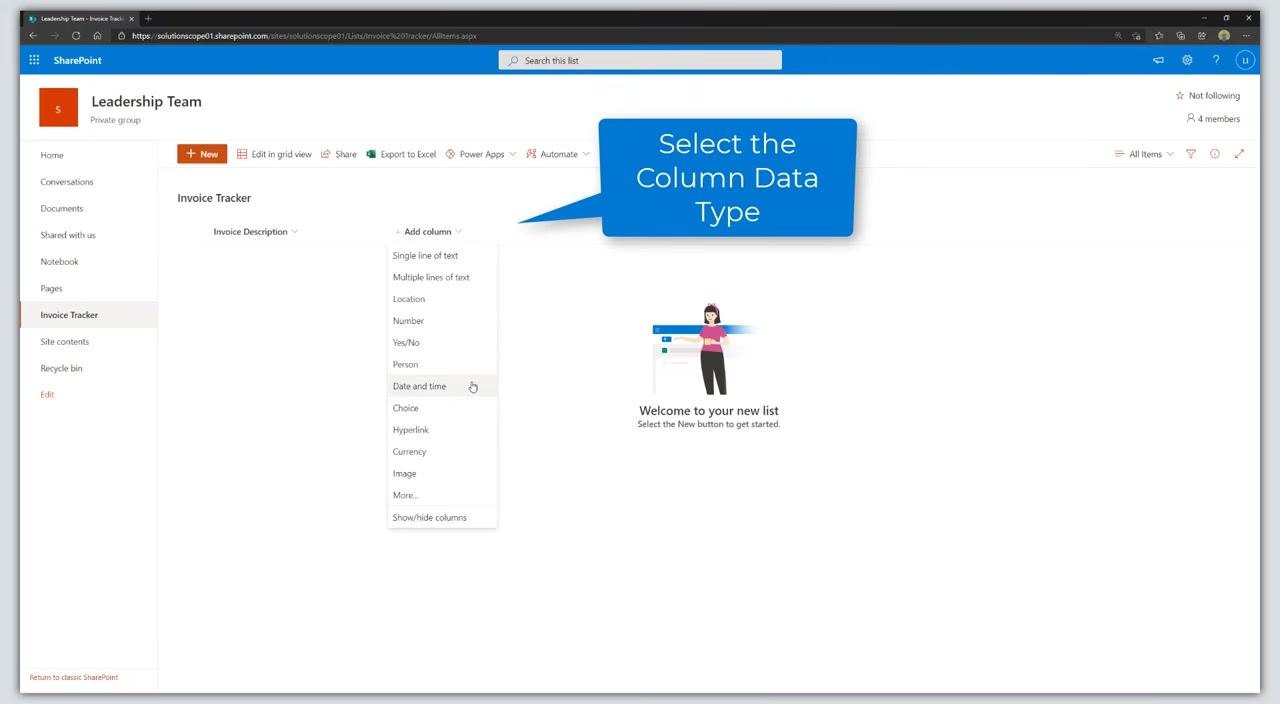 The "Invoice Tracker" list is open. The "Add column" dropdown is expanded, and "Date and time" is highlighted. A blue callout says "Select the Column Data Type".