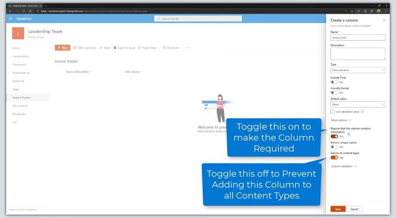 The "Create a column" panel is open with "Invoice Date" entered as the name. The type is set to "Date and time". A blue callout says "Enter the Column Name".