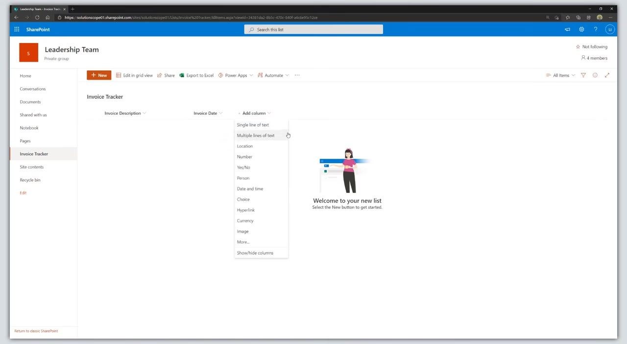 The "Invoice Tracker" list now shows "Invoice Description" and "Invoice Date" columns. The "Add column" dropdown is expanded, and "Currency" is visible as an option.