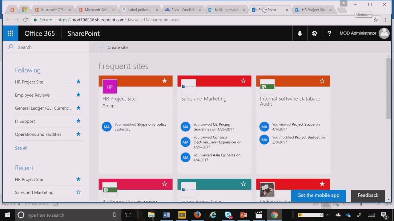SharePoint portal showing frequent sites, including the HR Project Site, with the user about to select it