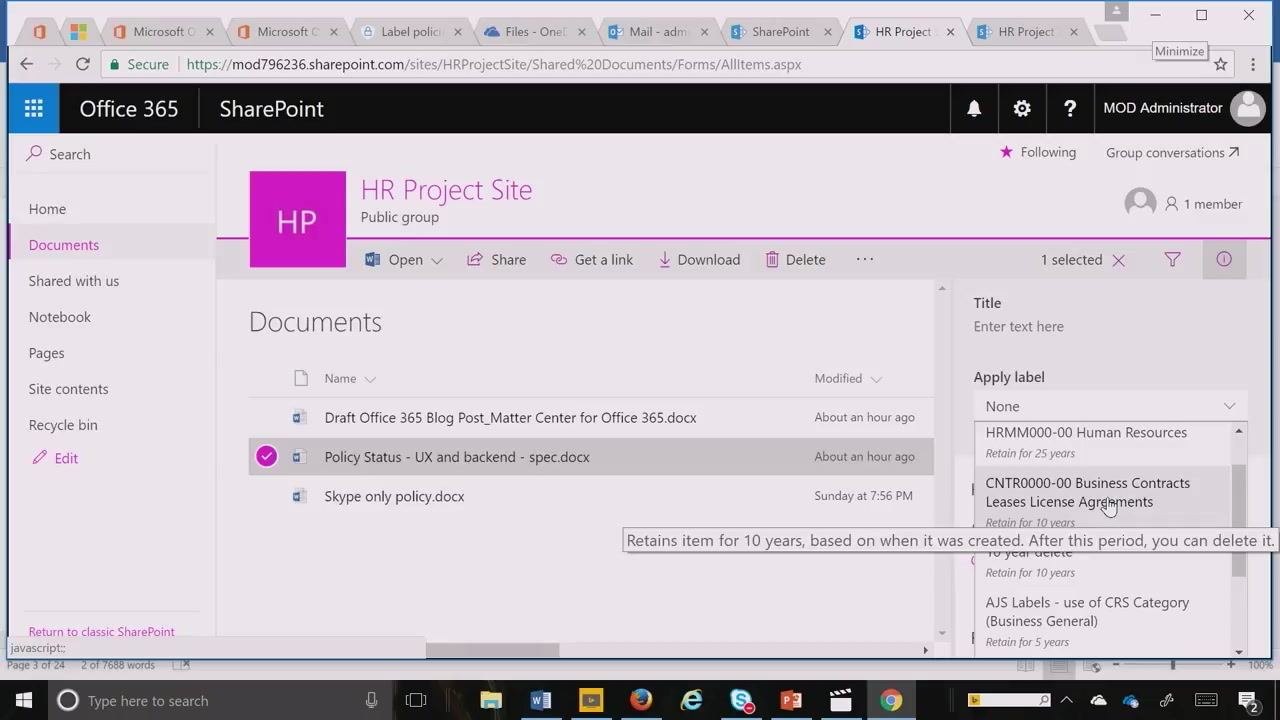 HR Project Site document library with "Policy Status - UX and backend - spec.docx" selected