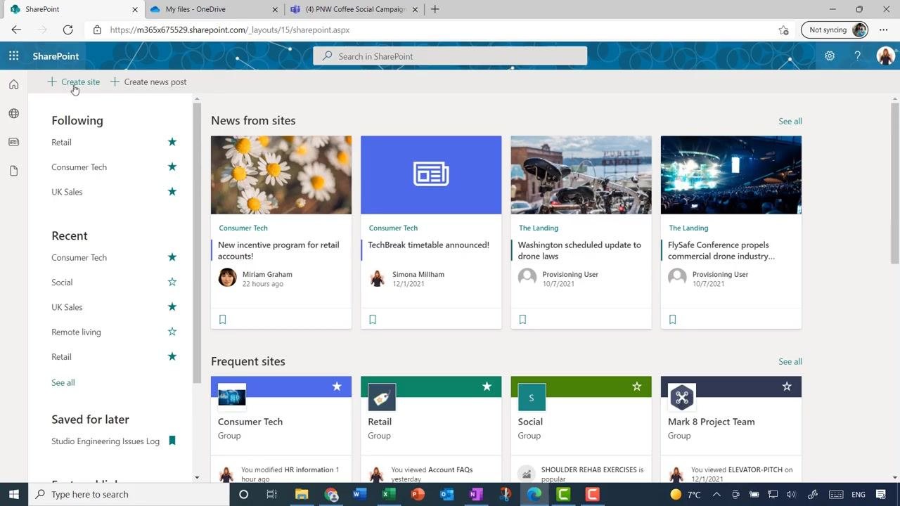 SharePoint start screen with the Create site button highlighted at the top left, showing news from sites, frequent sites, and the navigation panel