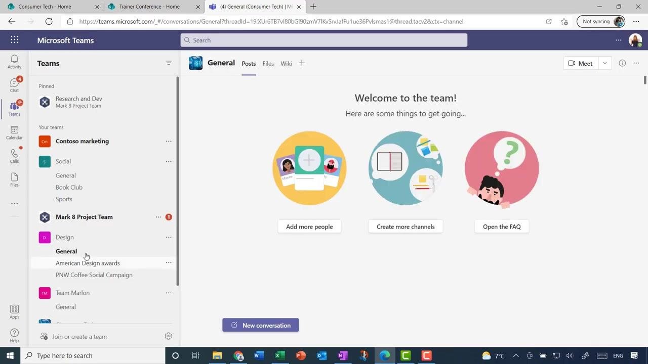 Dialog in Microsoft Teams showing selection of the Consumer Tech group and the Create button