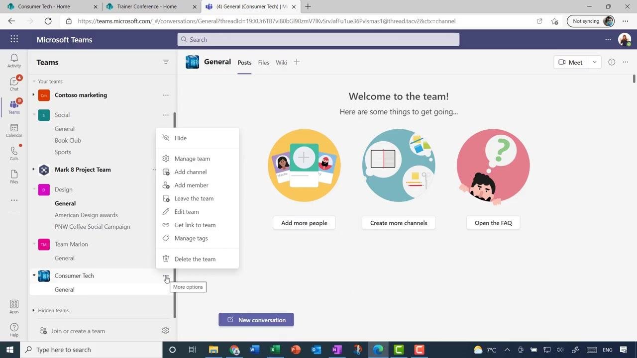 Microsoft Teams showing the Consumer Tech team with the General channel and welcome options