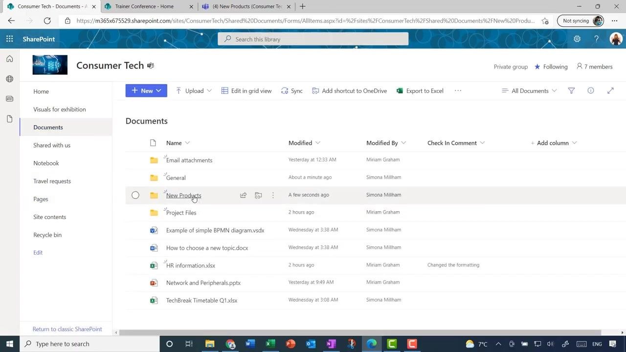 SharePoint Documents library showing the new New Products folder