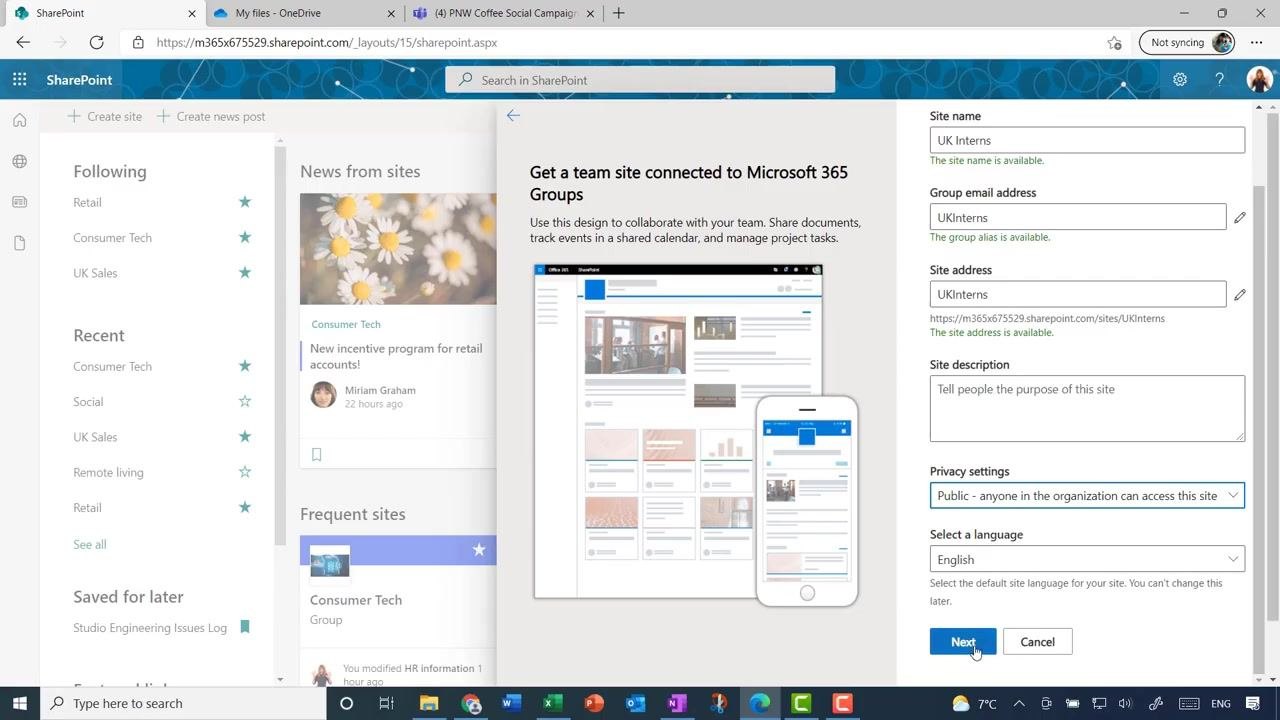 SharePoint site creation form with privacy set to Public and language set to English, with the Next button highlighted