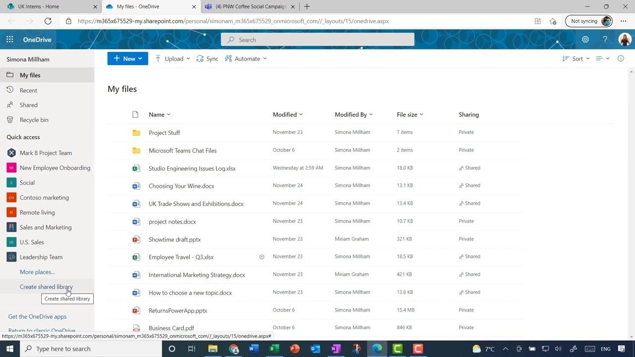 OneDrive showing the Trainer Conference shared library's Documents section, ready for file uploads