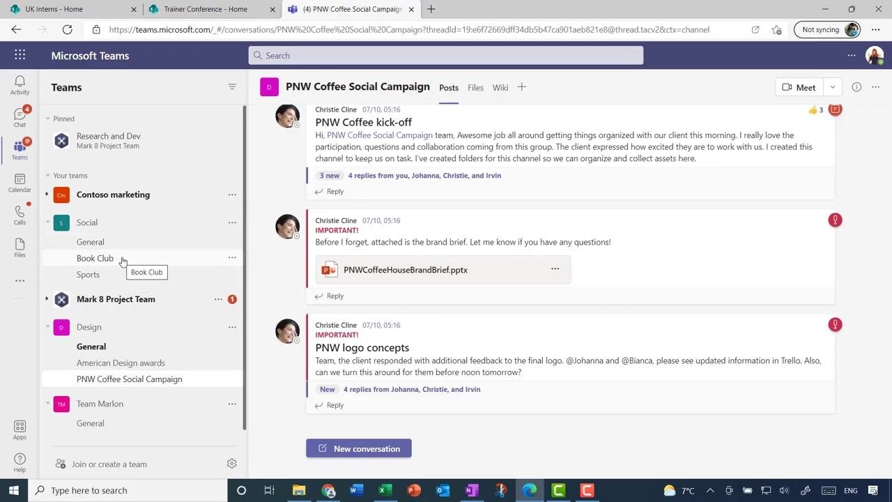 Microsoft Teams interface showing the Social team with channels General, Book Club, and Sports listed in the sidebar, with posts in the PNW Coffee Social Campaign channel visible in the main area