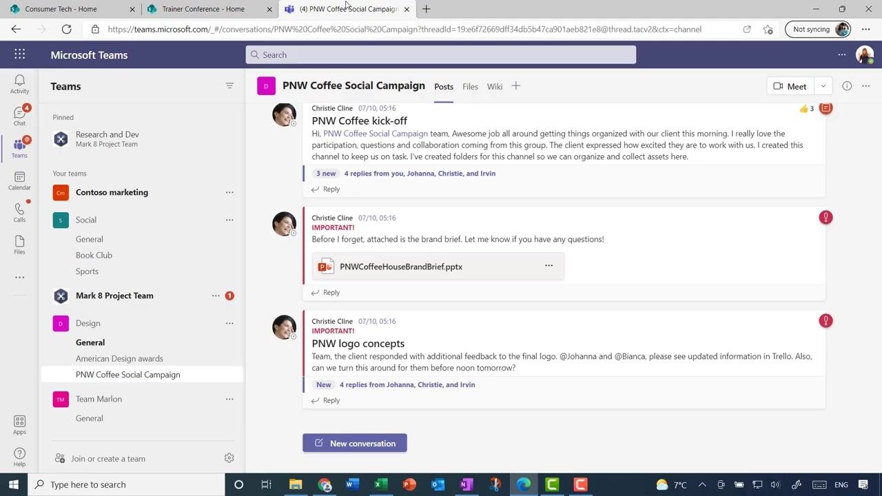 SharePoint dashboard showing Consumer Tech as a frequent site, with news and activity cards visible