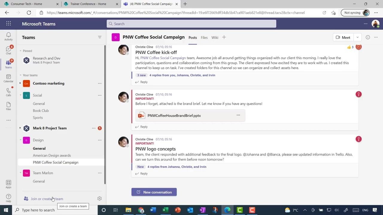 Microsoft Teams interface with the Join or create a team button highlighted at the bottom of the sidebar