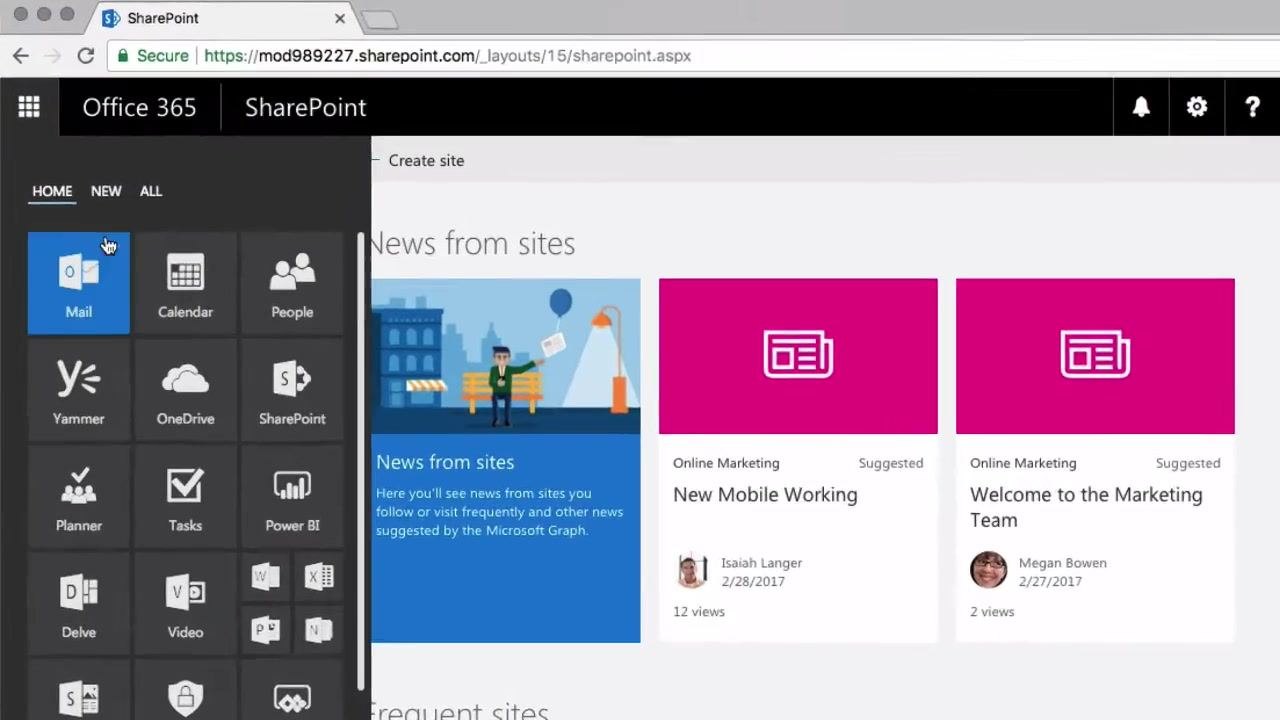 The App Launcher is open, displaying tiles for Mail, Calendar, People, Yammer, OneDrive, SharePoint, Planner, Tasks, Power BI, Delve, and Video. The SharePoint tile is highlighted. The SharePoint homepage shows "News from sites" and suggested articles.