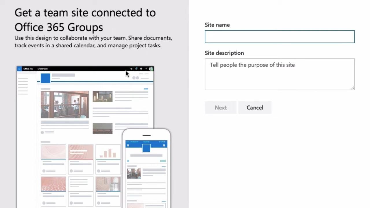 Form for creating a team site connected to Office 365 Groups, with fields for Site name and Site description, plus a preview of the generated Group email address and Site Address. Example values shown: Site name "My Team", Group email address "MyTeam", Site Address "https://mod989227.sharepoint.com/sites/MyTeam".