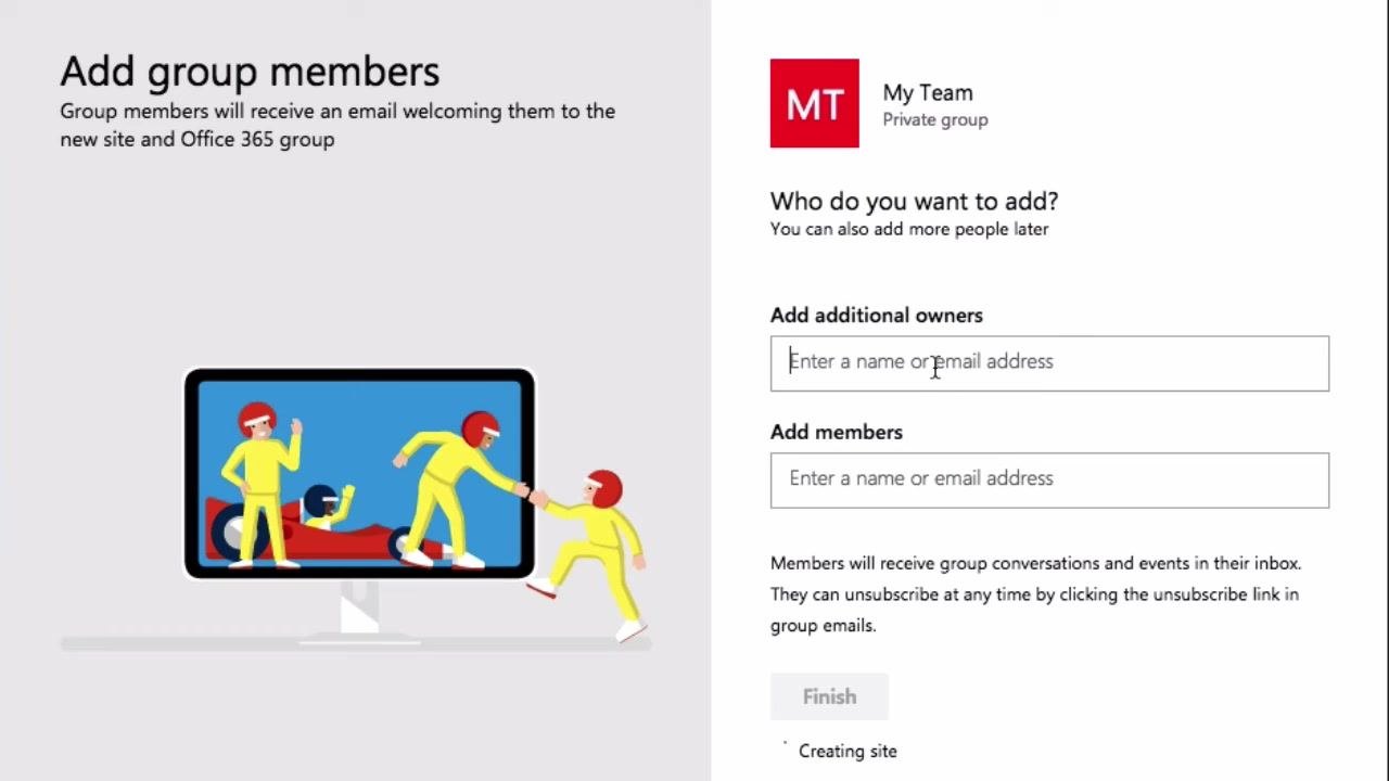 The Privacy settings dropdown is open, showing the options "Public - anyone in the organization can access this site" and "Private - only members can access this site".