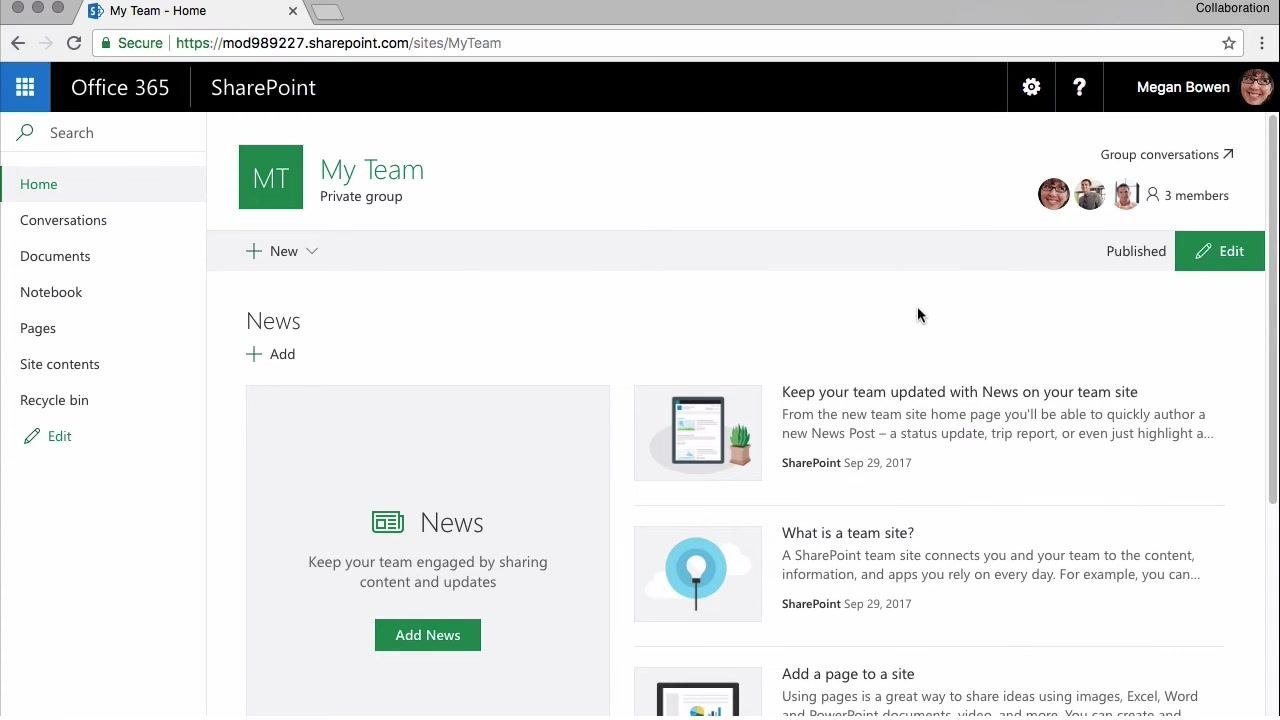 The SharePoint Team Site homepage displays default News entries, an Activity feed, and a left navigation panel with standard libraries and lists.