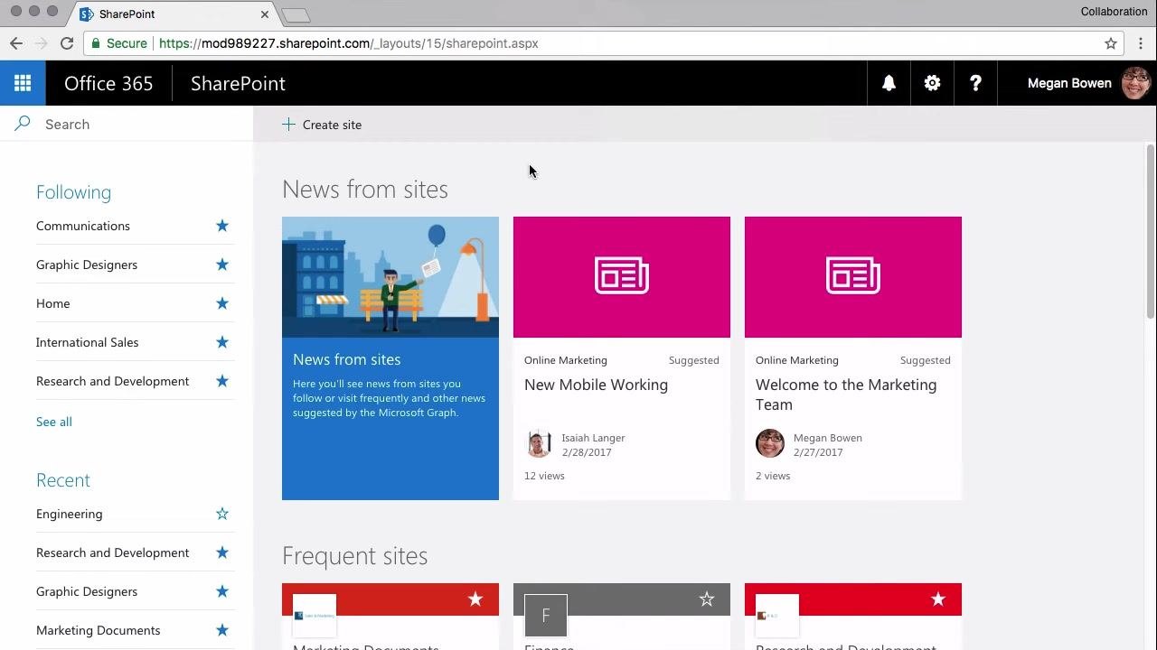 The Communication Site creation screen shows a "Choose a design" dropdown with Topic, Showcase, and Blank options, along with a preview of the selected design.
