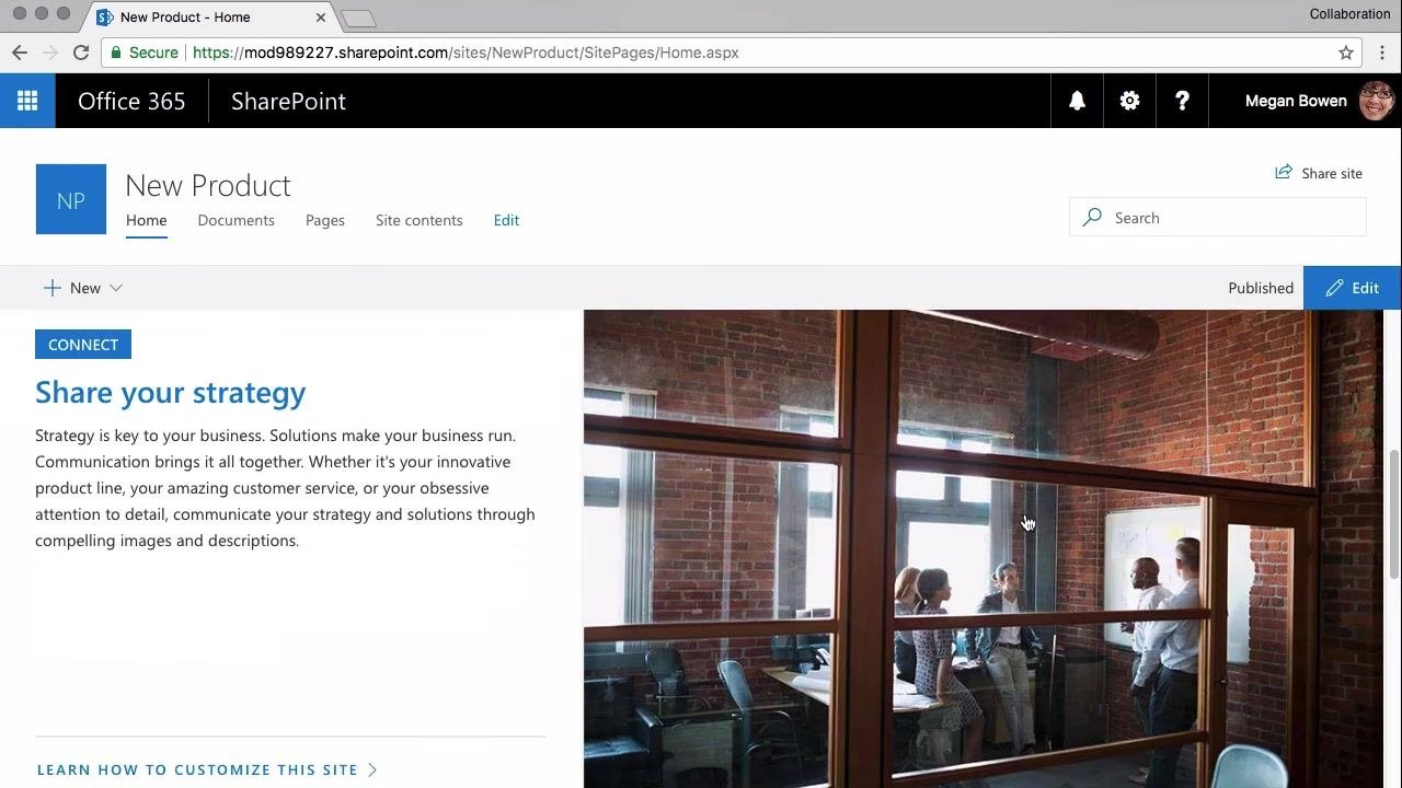 The Communication Site creation form shows "Showcase" selected, Site name "New Product", Site Address "NewProduct", and a field for Site description.