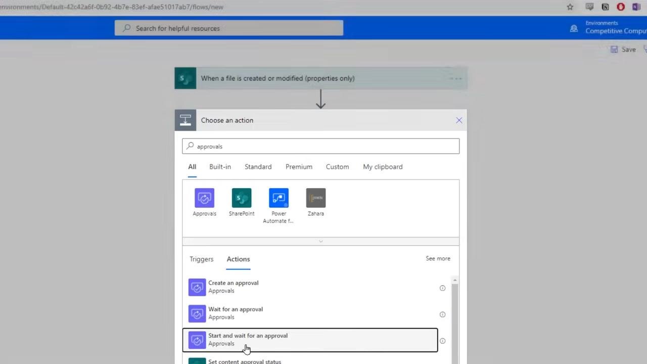 Action selection dialog with Start and wait for an approval highlighted under Approvals actions