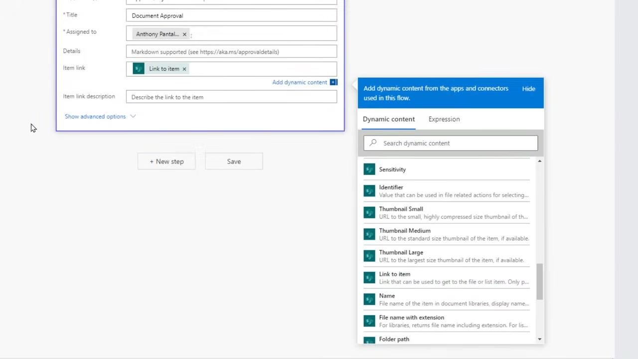 All approval fields filled in, with the Link to item dynamic content inserted