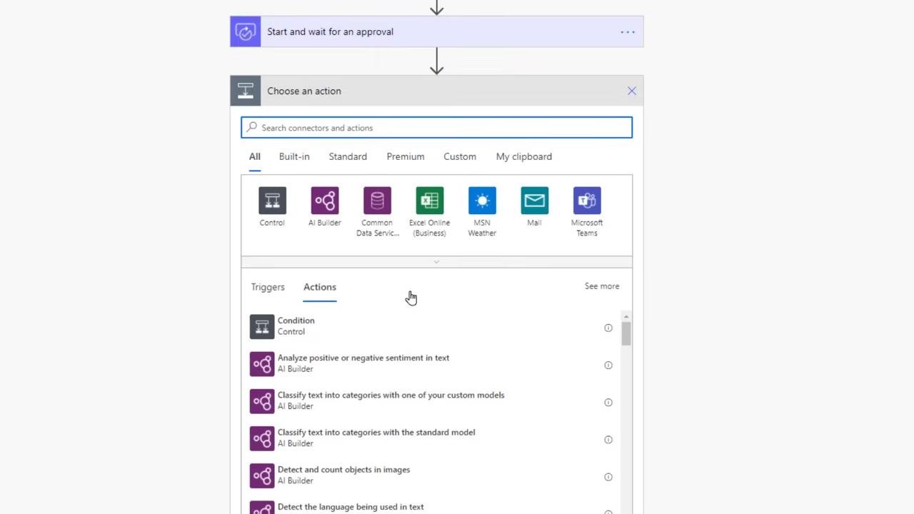 Condition action being selected in the Choose an action panel, with connectors such as Control, AI Builder, Excel Online, and Microsoft Teams visible