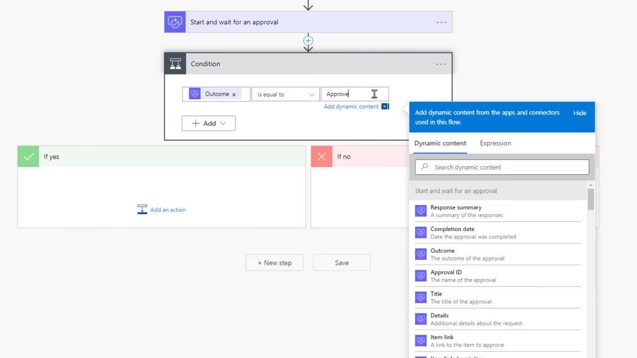 Condition configured as Outcome is equal to Approve, with the dynamic content panel open and If yes/If no branches visible
