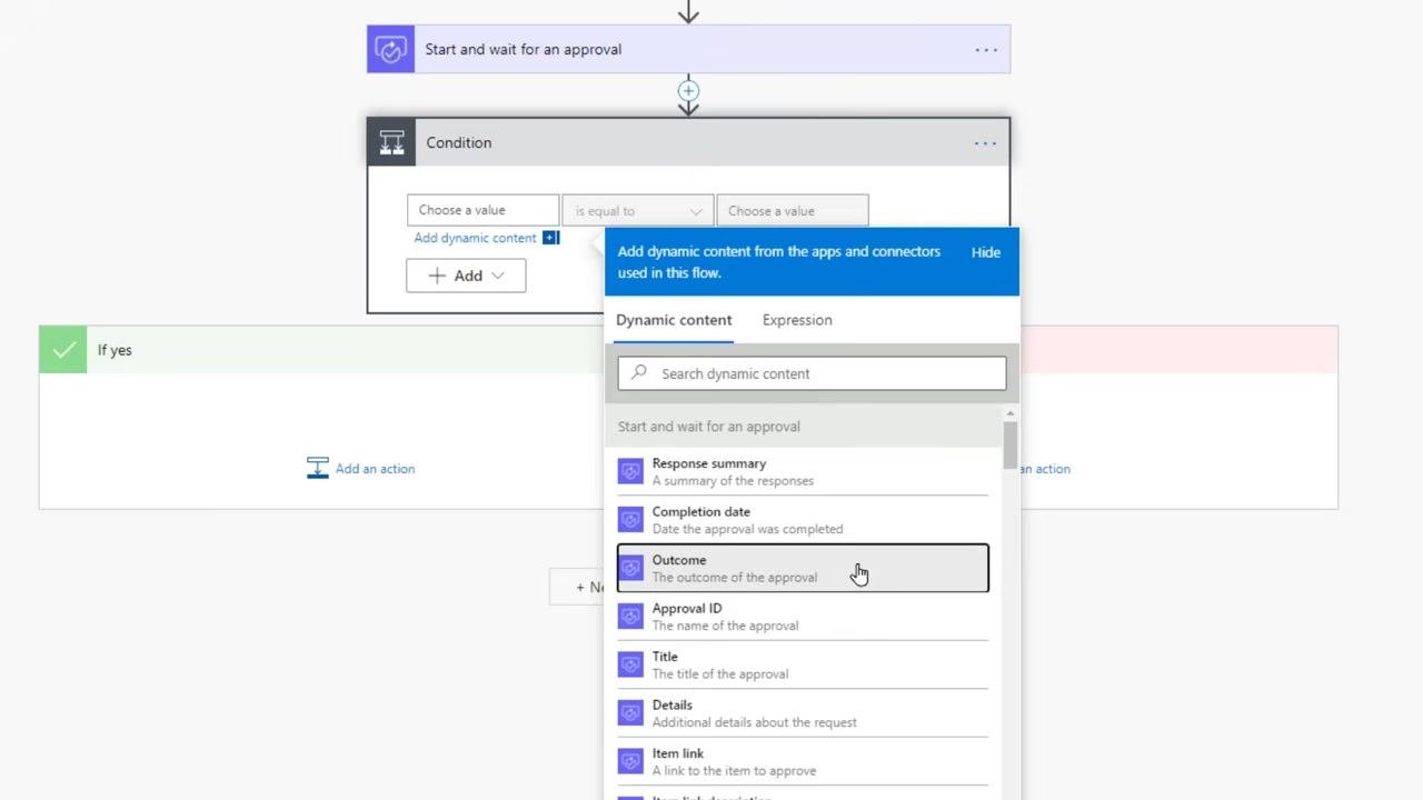 Dynamic content panel open with Outcome selected for the condition