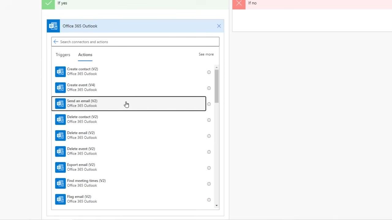Office 365 Outlook selected, with Send an email (V2) highlighted in the Actions list