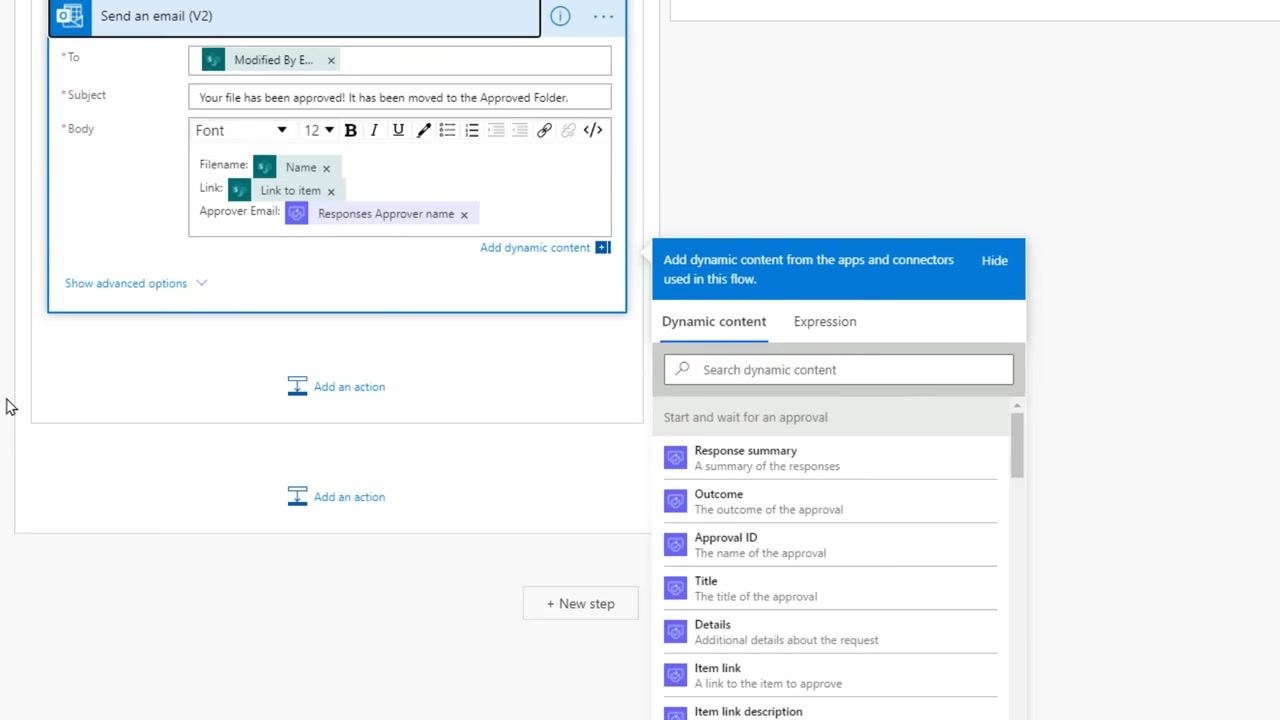 Modified By Email selected as the recipient in the To field of the Send an email (V2) action