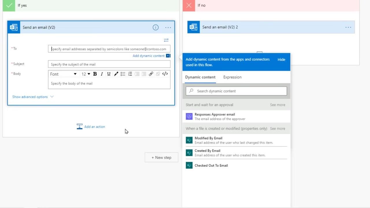 Dynamic content panel showing options like Responses Approver email, Modified By Email, Created By Email, and Checked Out To Email