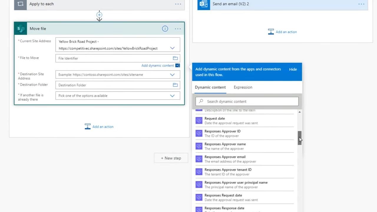 Choose an action panel with Move file (SharePoint) highlighted under Actions