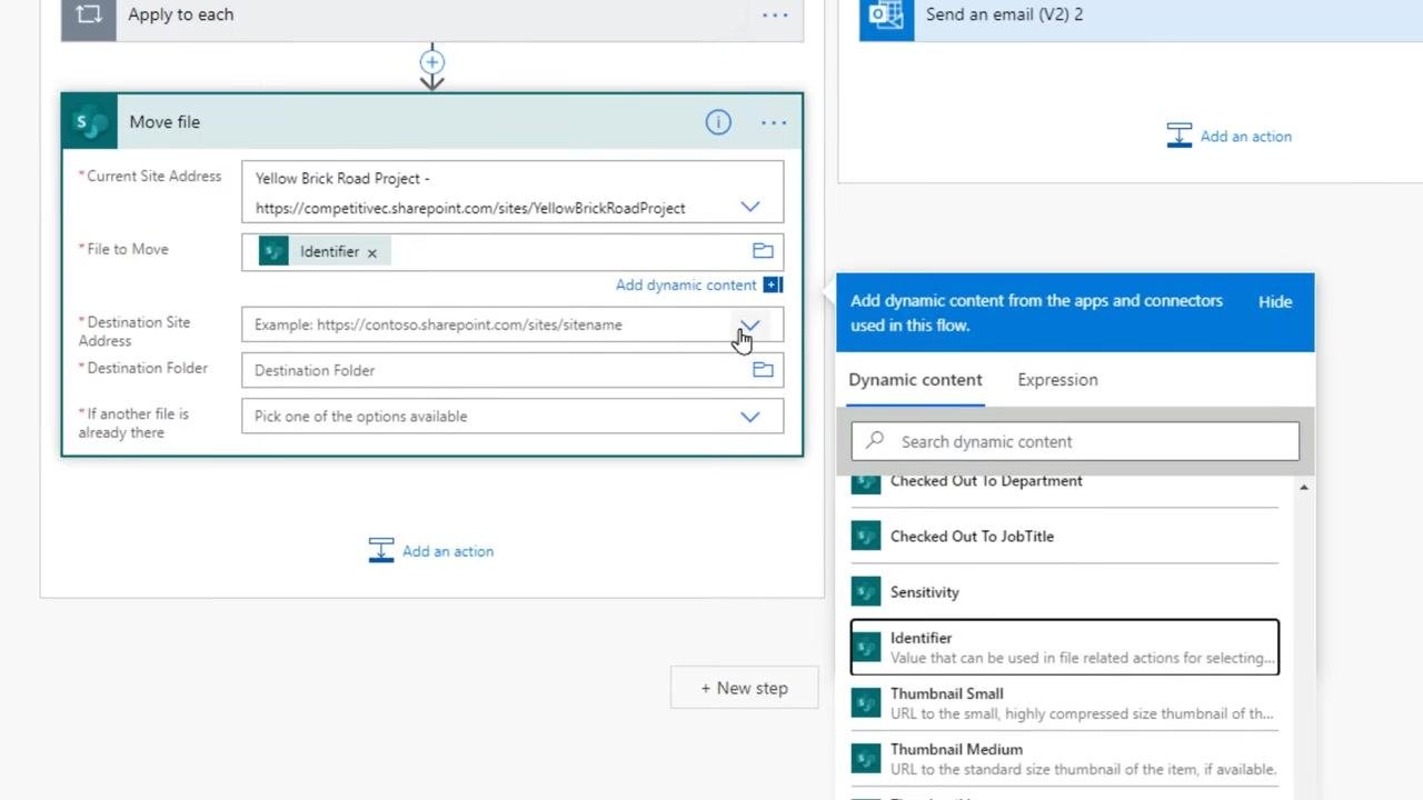 Move file action in Power Automate with Current Site Address, File to Move (Identifier), Destination Site Address, Destination Folder, and "If another file is already there" fields, with the dynamic content panel open