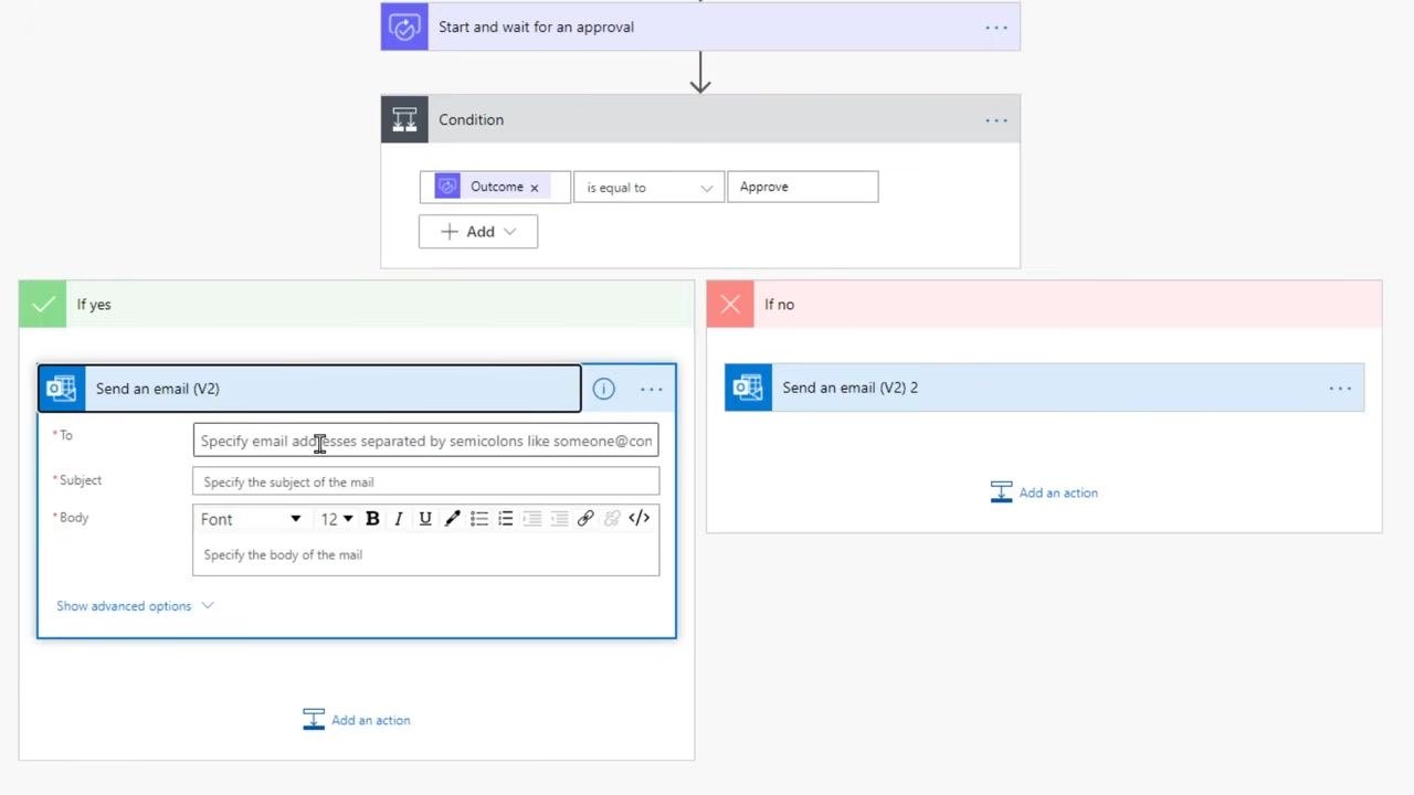 Send an email (V2) action under If yes with the To field selected, ready for dynamic content