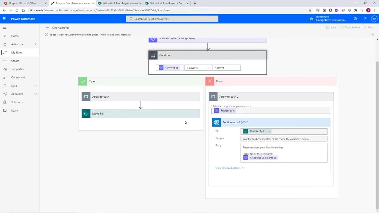 Power Automate flow editor showing the If yes and If no branches, ready for testing