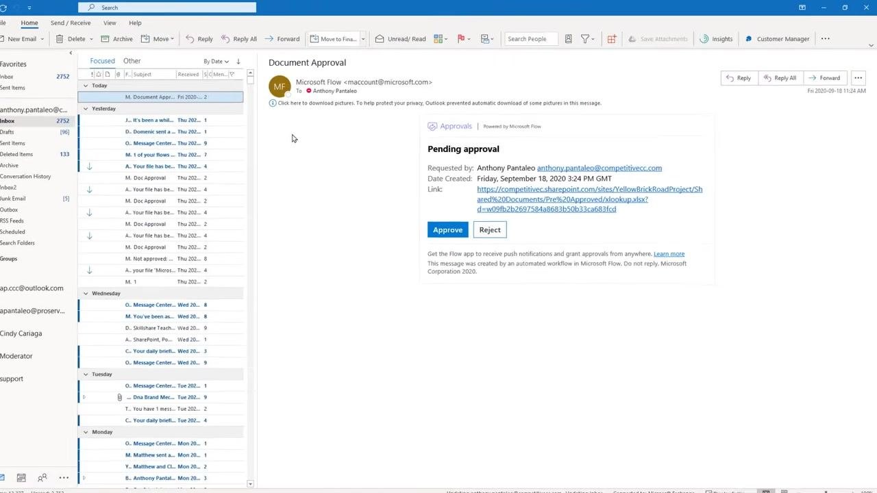 Outlook email showing a pending approval request with Approve/Reject buttons and a comment box