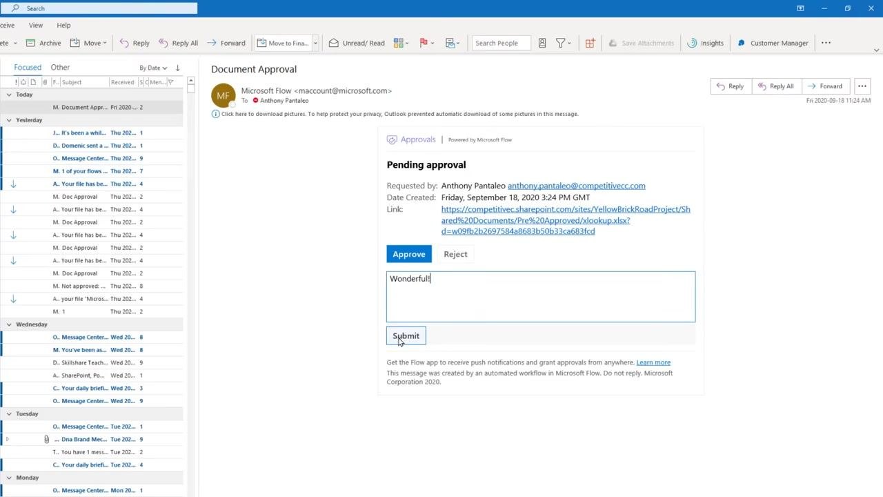 Outlook email confirming file approval and move to the Approved folder, with filename and link