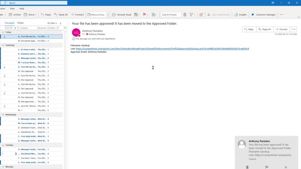 SharePoint Approved folder showing the approved file xlookup.xlsx and modification details