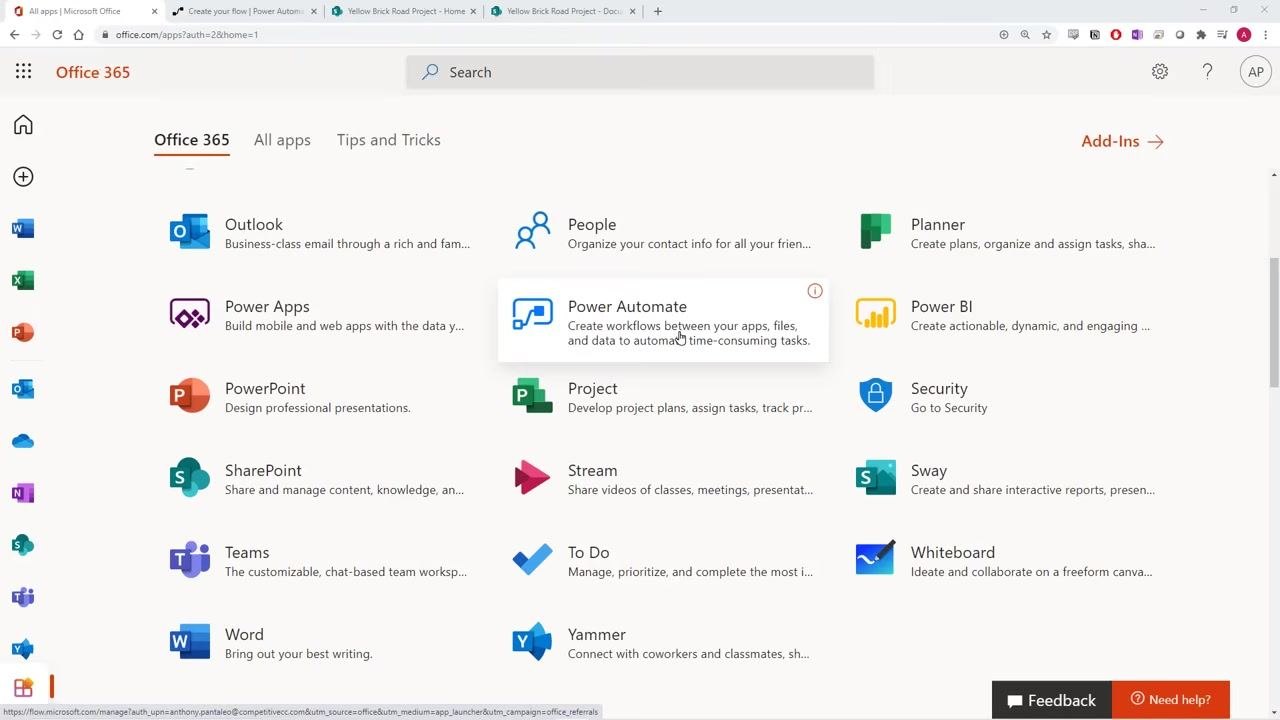 Office 365 app launcher with Power Automate highlighted, showing a tooltip about creating workflows between apps, files, and data