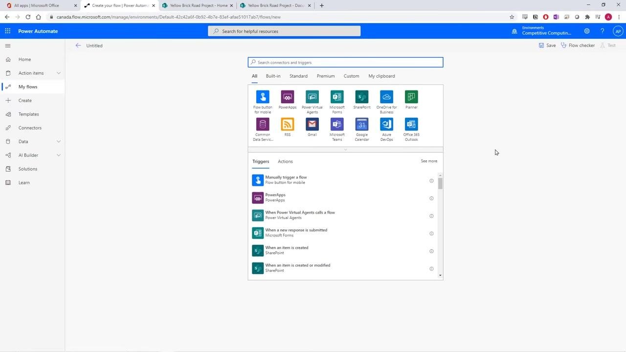 Power Automate trigger selection screen with "When a file is created or modified (properties only)" highlighted under SharePoint triggers