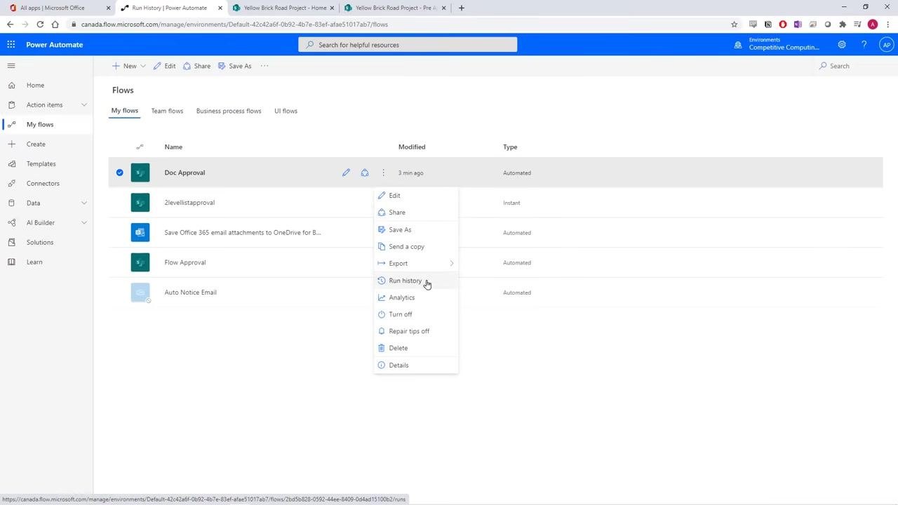 Power Automate portal showing the My flows section with a list of flows, including Doc Approval, and the options menu open for management actions