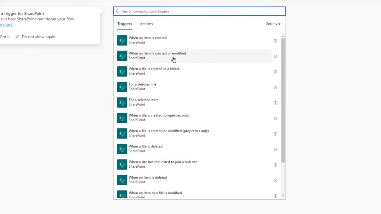 Dropdown menu showing a list of SharePoint site addresses to select for the trigger configuration