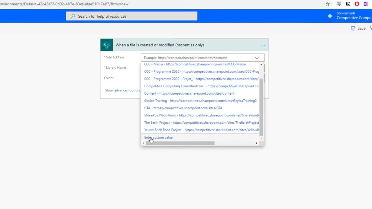 Dropdown menu for selecting SharePoint site address, showing multiple site options and Enter custom value at the bottom